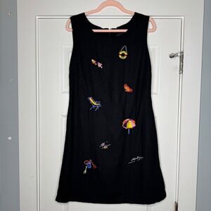 Vintage 90s Women's Black Nautical Beach Embroidered Linen Sheath Dress Size 14
